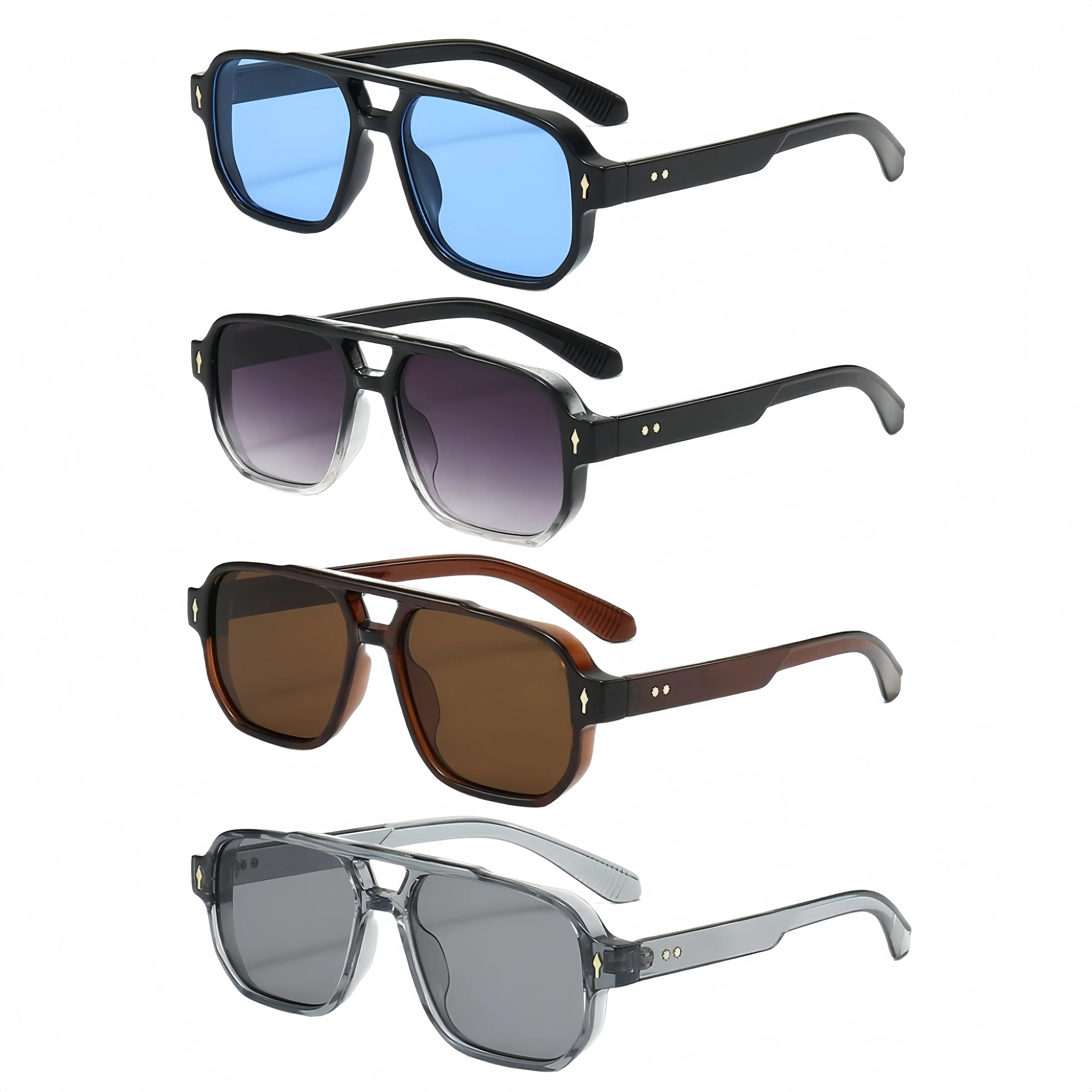 4-Pack  Retro Double Bridge Square Sunglasses - Unisex, Fashionable Luxury Design with Rivets, Trending Shades, UV400 Protective Lenses, Sunglasses For Women, Men's Sunglasses