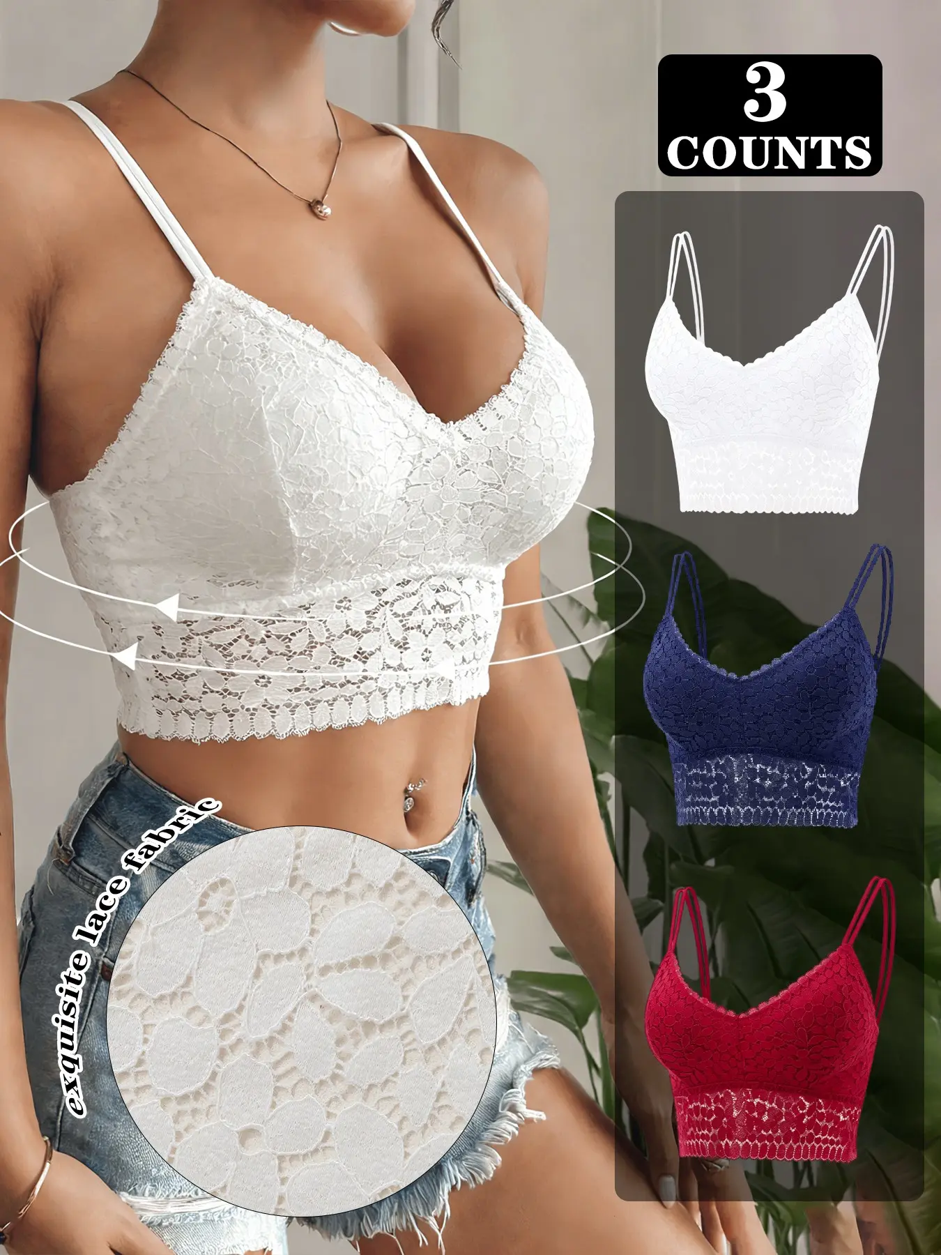 3PCS Women's Elegant Chic Lace Bralette Set Assorted Colors Wireless Comfort Bra | Value Bundle for Everyday Wear Underwear