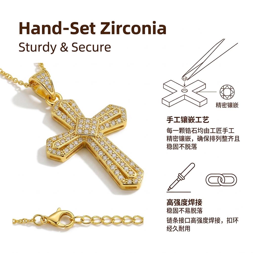 Cross diamond pendant necklace, adorned with shiny elements, an elegant religious accessory, suitable for use as a Thanksgiving gift, graduation gift, or daily wear. A Christian religious gift, suitable for men.