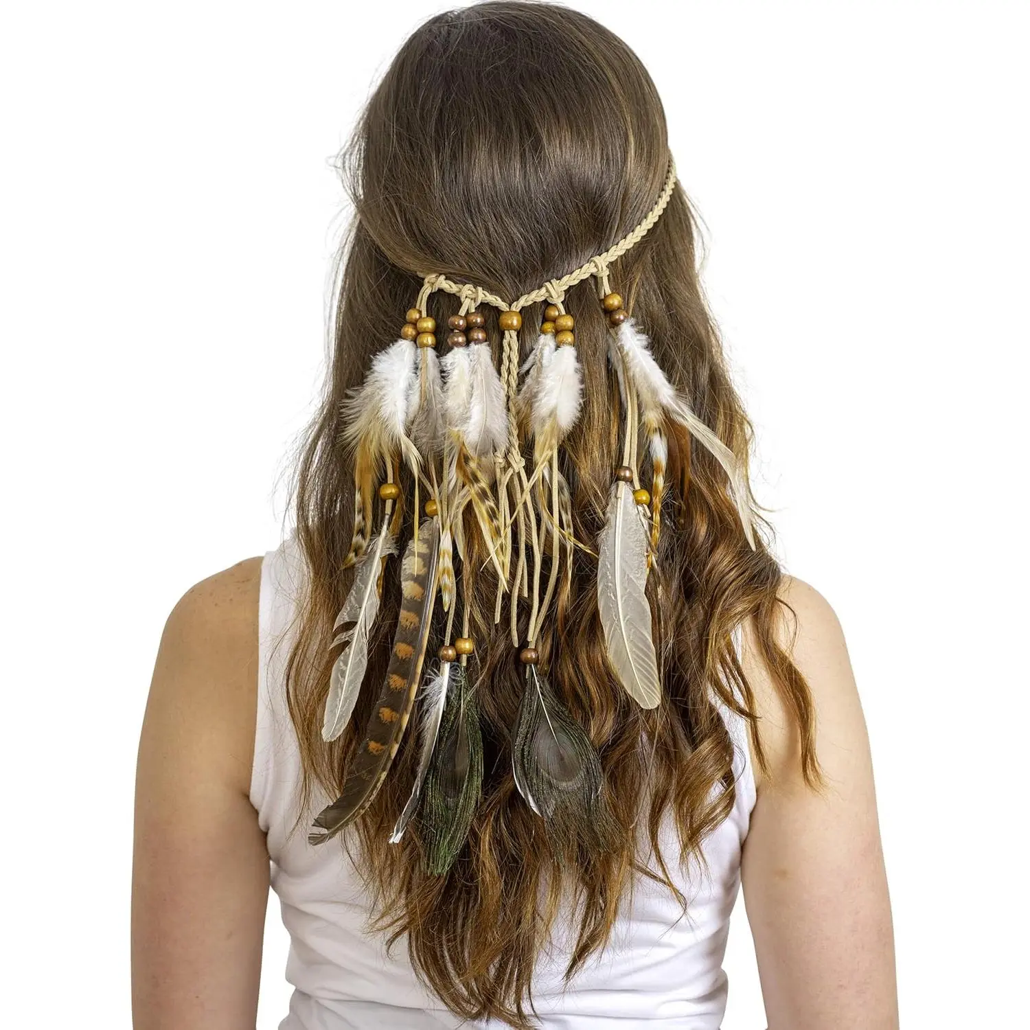 Indian Feather Headband Accessories - Native American Tribal Costume Head Dress with Feathers for Women