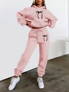 Women's Hooded Sweatshirt Set, Fall & Winter Bow Print, Casual Sweet Style, Simple Bow Print, Daily, Fitted