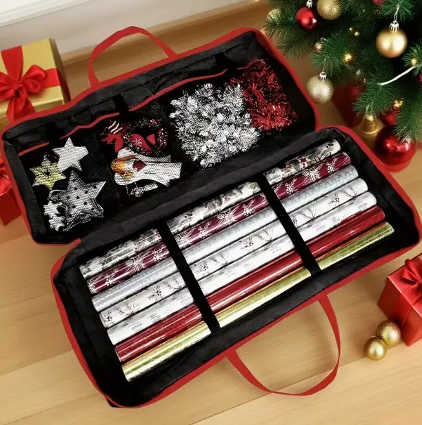 Christmas Gift Wrapping Kit with Red and Gold Paper, Stars, and Ornaments in a Convenient Storage Bag