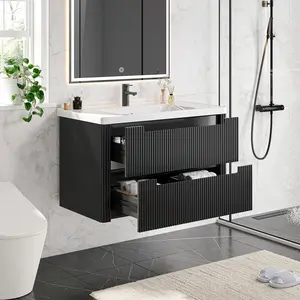 【Valentine's Day Gift】ONBRILL Modern Bathroom Vanity with Sink Combo Curved Floating Bath Vanity with 2 Soft Close Drawers Wall Mount Bathroom Vanities with Integrated Ceramic Sink for Small Space Apartment
