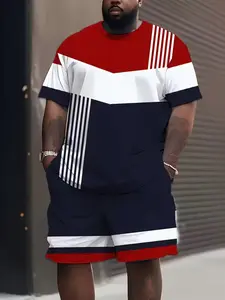 Plus Size Three-Color Striped Set, Blue Colorblock Short Sleeve Casual Fashion Combo, Loose Fit All Seasons Modern Style Menswear
