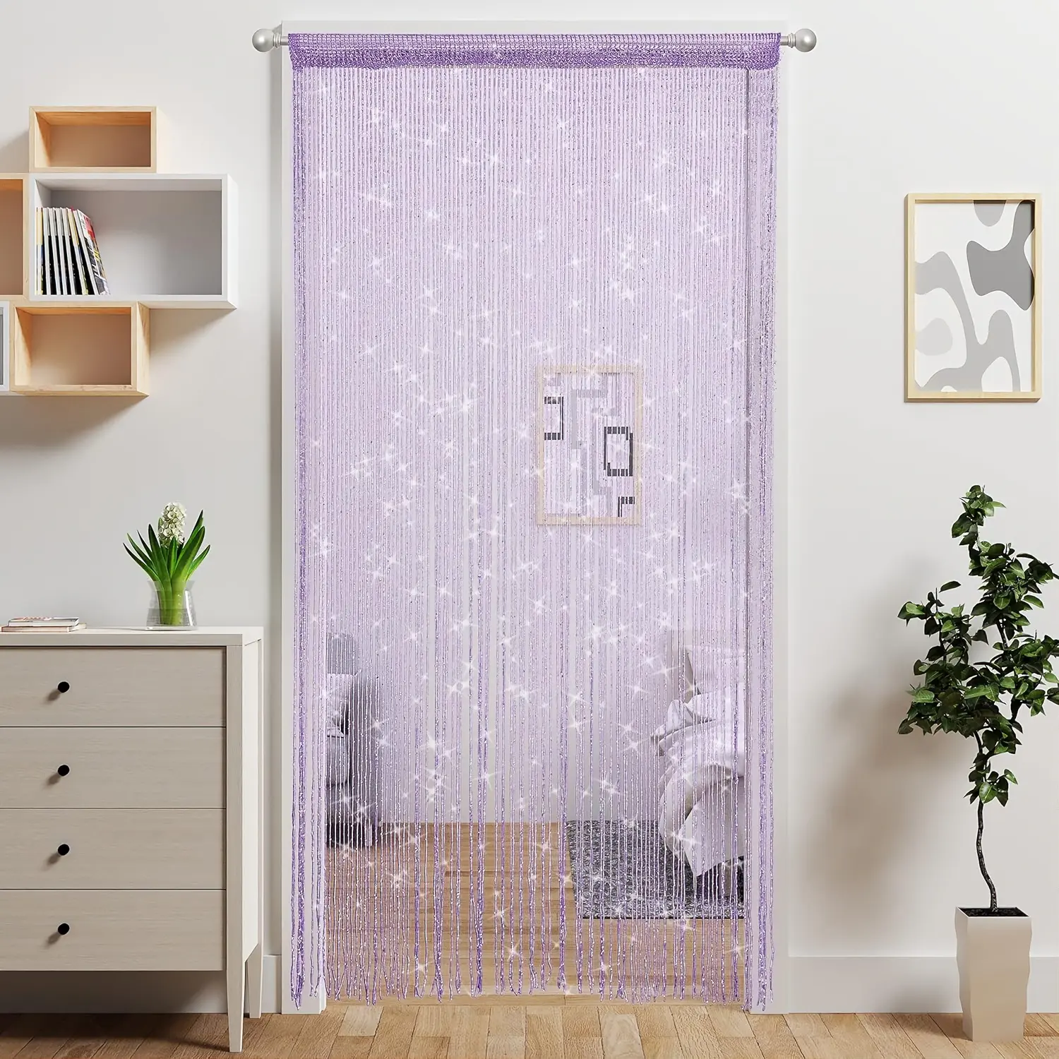 Purple Beaded Panel Door String Curtain - Hippie Whimsical Room Decor, Boho Tassels, Glitter Fringe Sheer Panel, Unique Home Decor Accessory for Doorways, Hanging Room Divider, Whimsical Home Decor