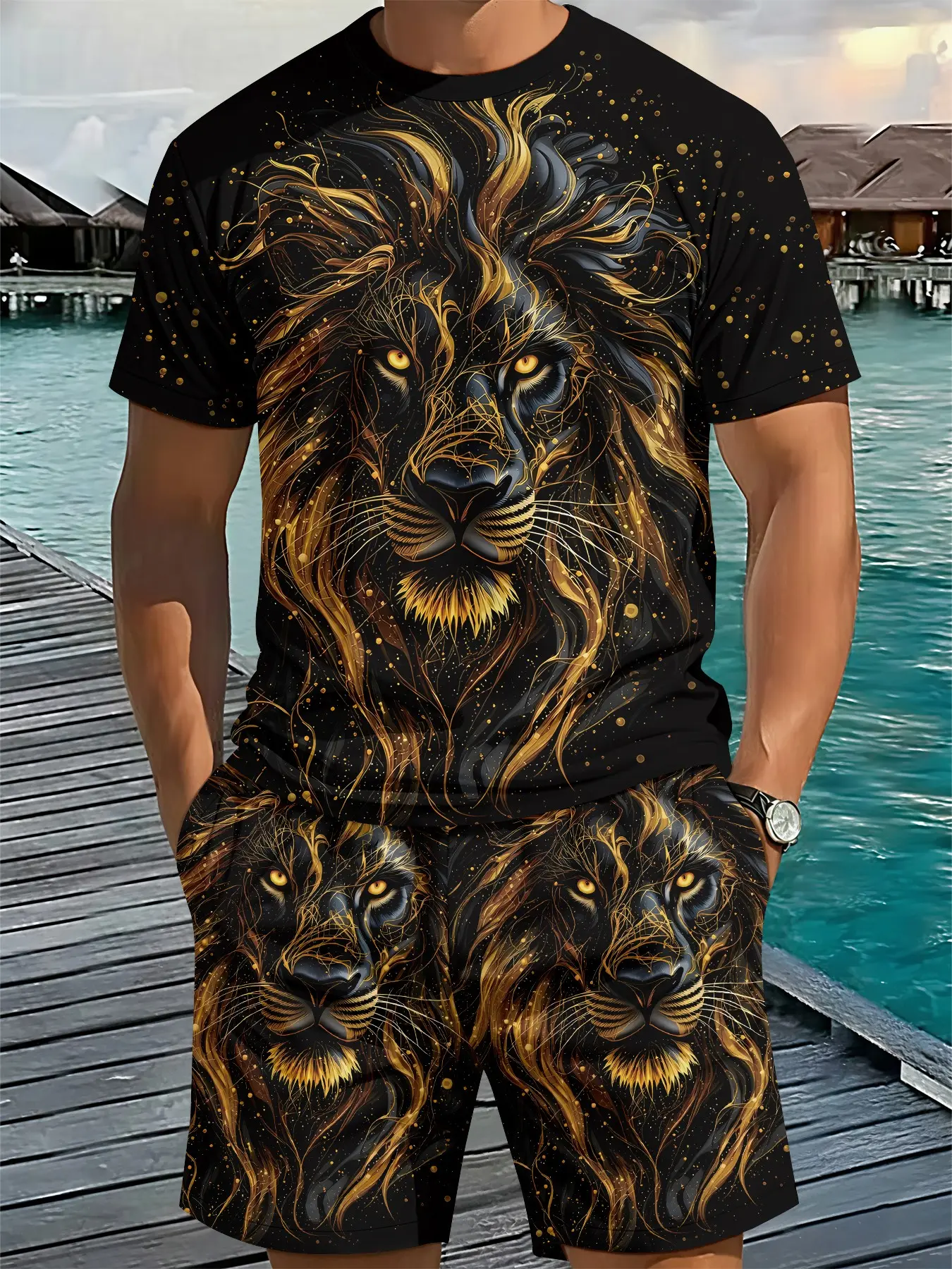 Golden Pattern Lion Casual Digital Print Two-Piece Set, 2Pcs, Trendy Vintage Vibe Set, Breathable Sports Casual Style, Casual Sporty Set, Holiday Gift for Men