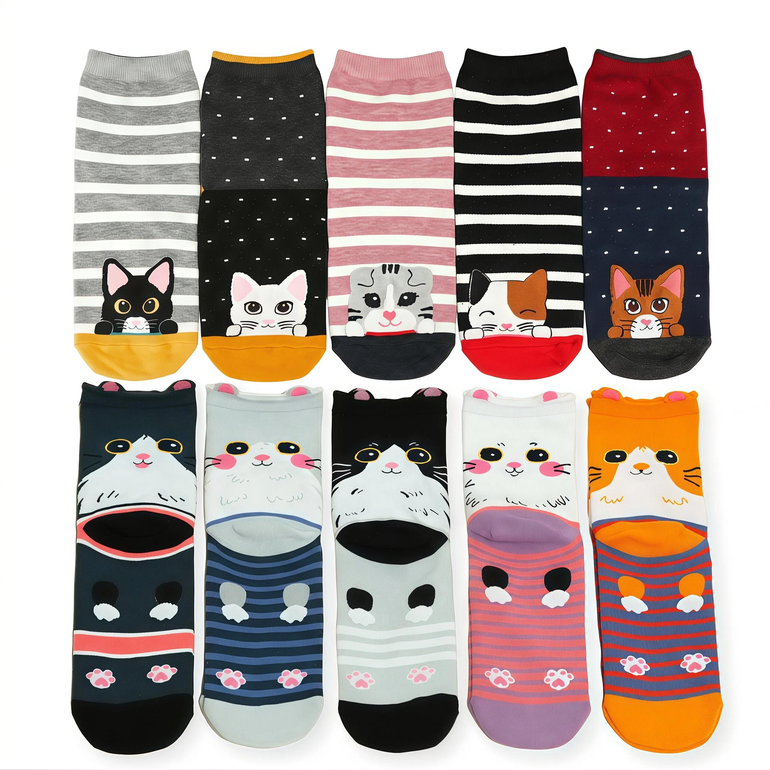 Harkapy 10-Pair Pack, Women's Crew Socks,Cute Cat Print, Polyester-Spandex Blend, Soft Comfortable Casual Sports Socks