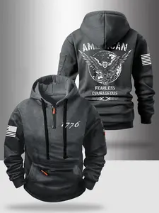Fall & Winter Stylish Zipper Graphic Hoodie with Eagle American Flag Print, Loose-Fitting Casual Sweatshirt for Outdoor Relaxation