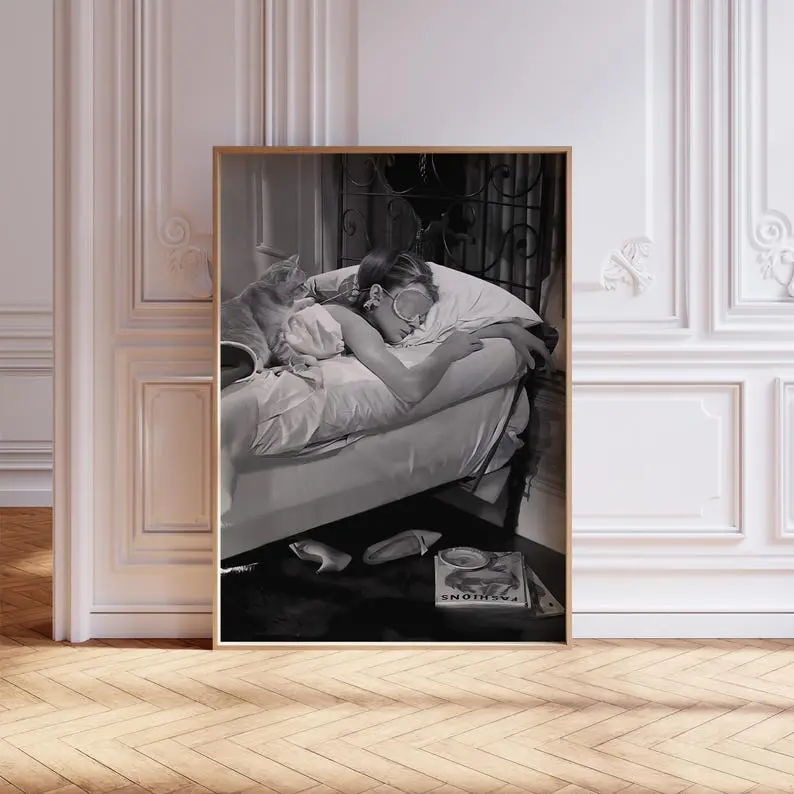Audrey Hepburn Sleeping Wall Art, Black and White Print, Vintage Photo, Classic Hollywood Art, Woman and Cat Wall Decor, Retro Dorm Room Art Poster Unframe