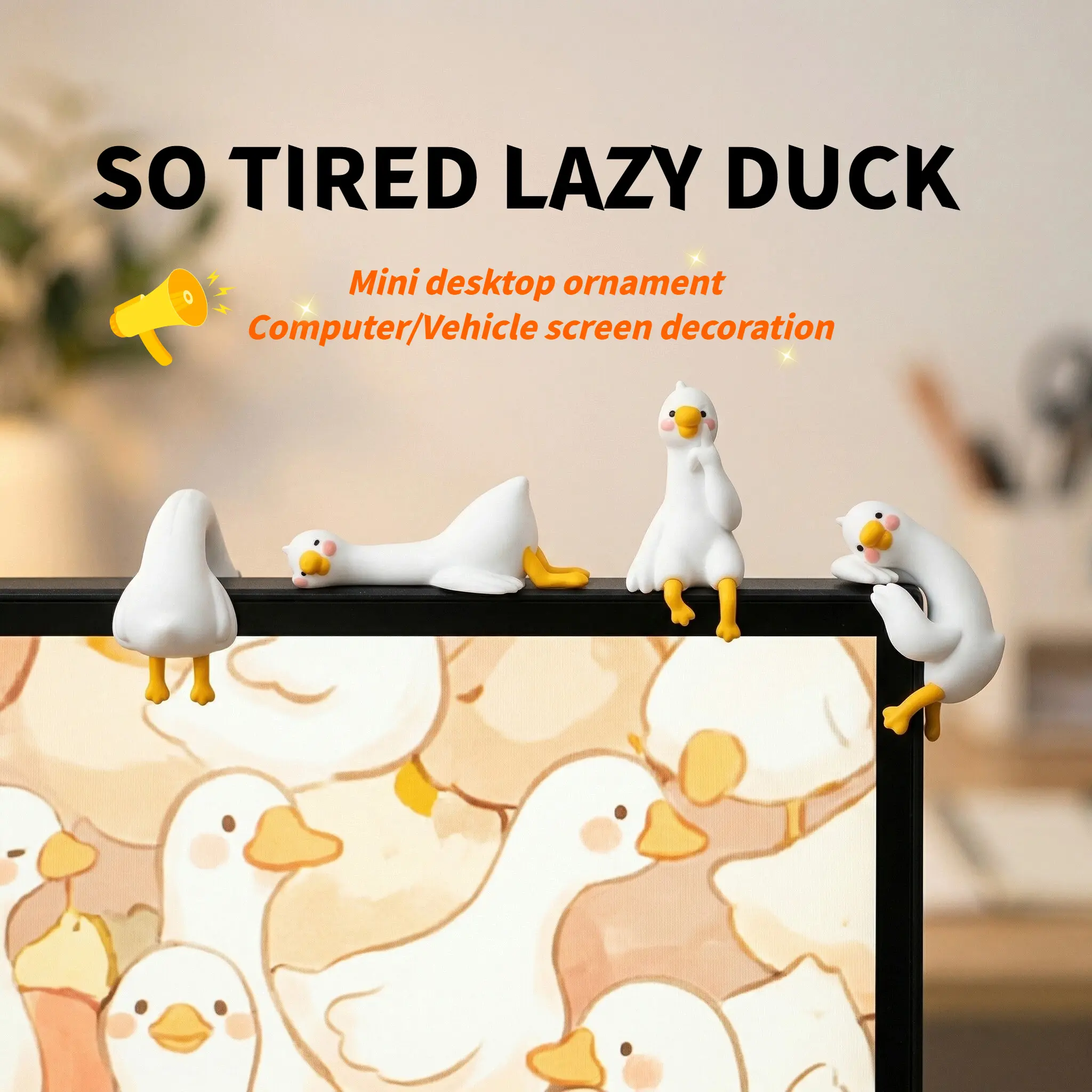 2026 New Lazy Duck Desk Decor (4PCS), Cute & Funny Mini Ducks, Stress Relief & Relaxing Desk Accessories, Perfect Gift for Workspace Decoration Items Desk Ornament White Goose Figurine Statue Figurines Set,Office Decor