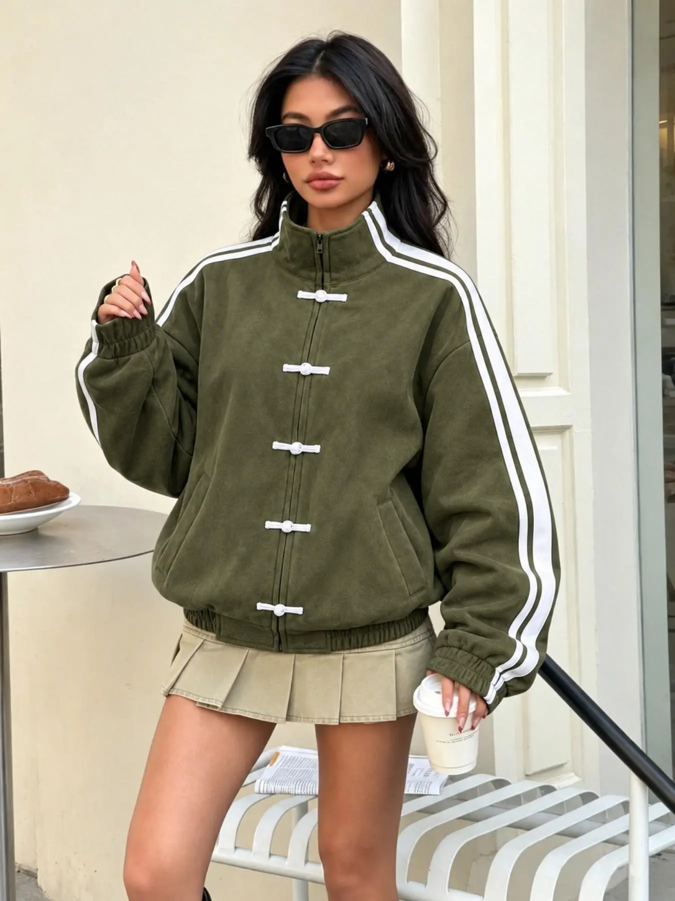 Jiu & Grace Women's Frog Button Track Jacket, Retro Striped Zip-Up Bomber Jacket with Stand Collar