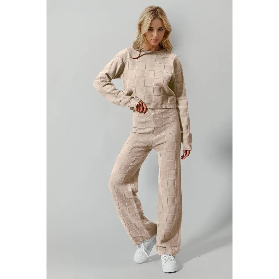 Double Take Full Size Checkered Round Neck Top and Pants Set