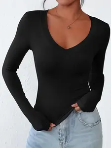 1 Count Long Sleeve Sexy Warm Casual Loungewear Shirts for Women,2026 Fall Fashion V Neck Going Out Shapewear Tops,Thermal Slim Fit Basic Tees Y2K Clothes,Womenswear,High Elasticity Cute Basic Tops,Underwear,Suitable for Daily,Date,Party