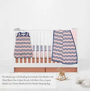Bacati Aztec Triangles Muslin 4 Piece Crib Bedding Set with Sleeping Bag - Coral/Navy