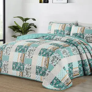 Summer Set Queen Size 3 Pieces, Teal Patchwork Bedspread Coverlet Set, Floral Soft Lightweight Microfiber Bedding Set for All Season(96"*90")