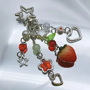 Cute Cartoon Strawberry & Star Bead Design Keychain, Cute Charms Keychain, Creative Phone Chain, Unique Gift for Friends & Girls