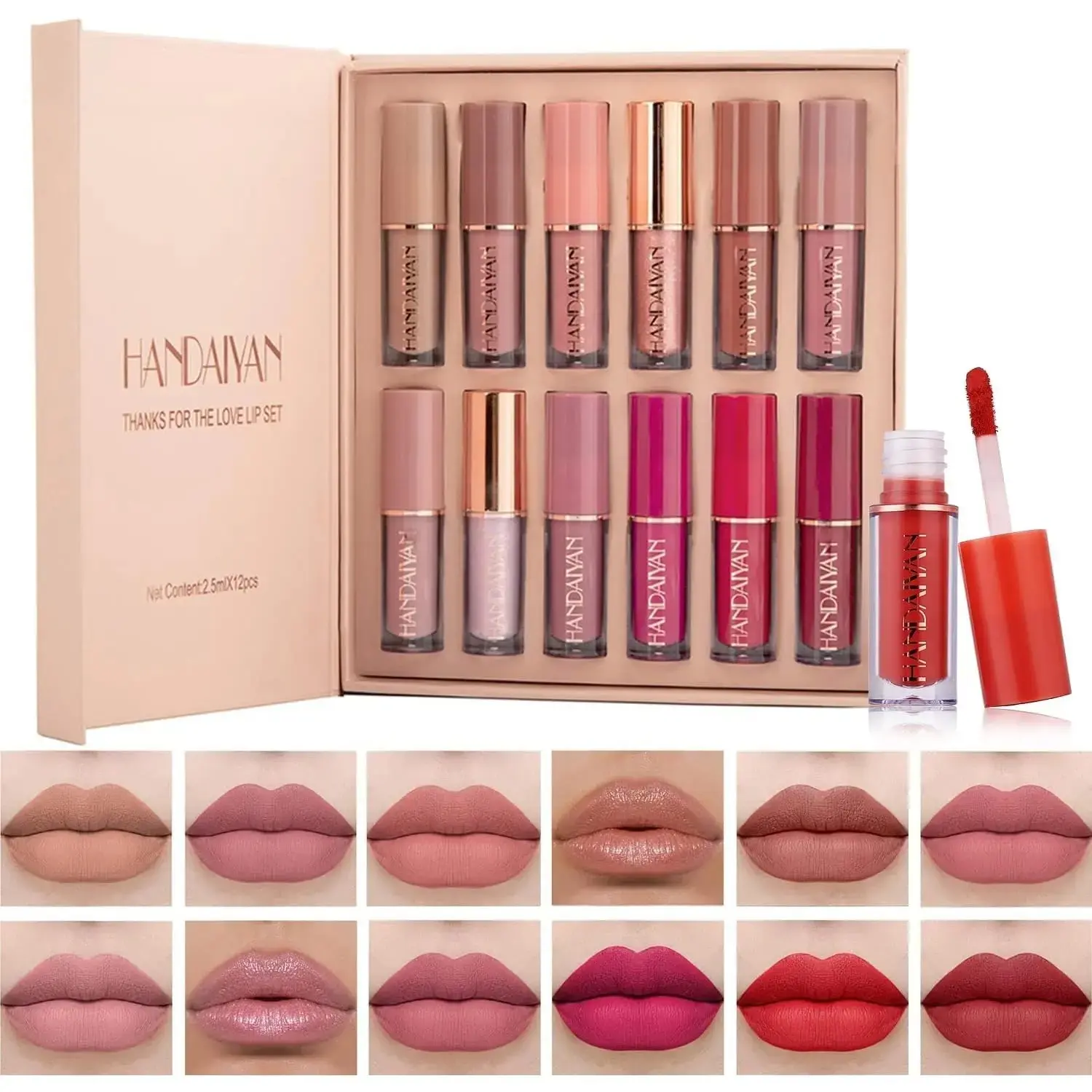 Handaiyan 12 Colors Matte Stain Moisturized Lipstick Set, Long-Lasting Waterproof Hydrating Liquid Lip Gloss, Moisturizing Lip Liner Kit, Women's Makeup Gift