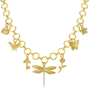 Dragonfly Butterfly Insect Heart Cherry Cross Necklace for Women,14K Gold Plated Ladybug Fly Mushroom Dragonfly Rose Cherry Floral Pearl Religious O-Ring Chain Stocking Stuffers for Christmas Gifts