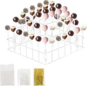 3 Tier Cake Pop Stand, 56 Holes  Cake Pop Holder Stand, Clear Cake Pop Display Stand Holder, Lollipop Square Display Stand with Sticks and Wrappers for Weddings Birthday Parties