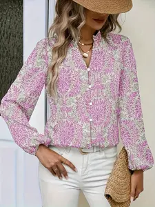 Women's Geometric Pattern V Neck Lantern Long Sleeve Shirt, Elegant Floral Style, Spring Summer Wear, Indoor Outdoor Casual Commute