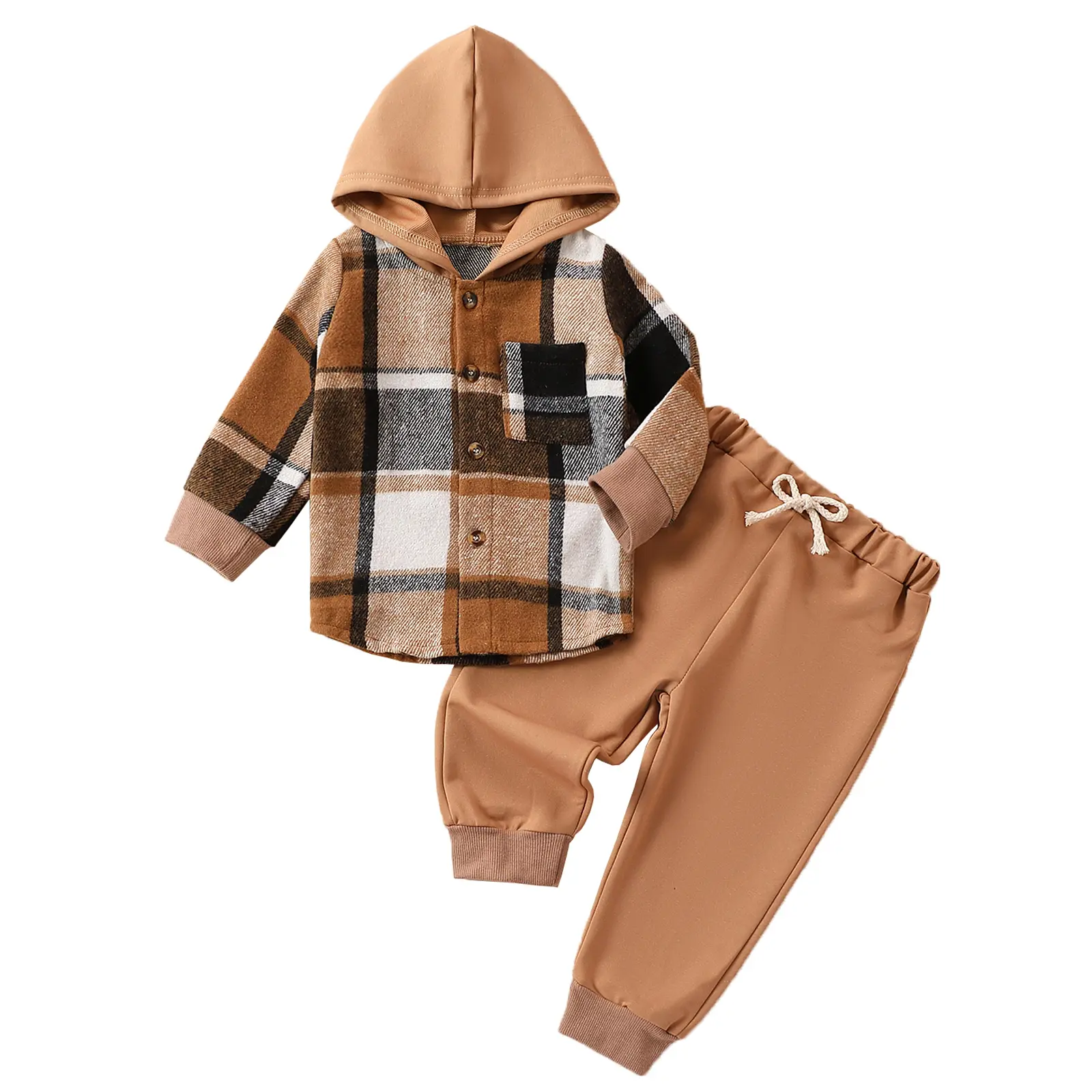 Toddler Baby Boys Outfits Long Sleeve Plaid Hooded Sweatshirt Pullover Tops Elastic Waist Long Pants Two Piece Casaul Sweatsuit