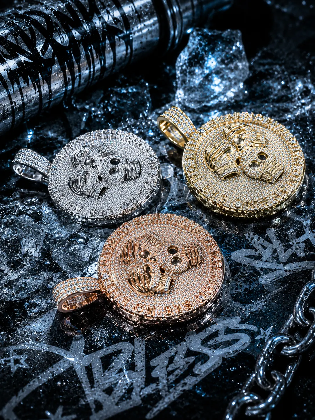 2199 Iced Out Round Skull Medallion Pendant - 3-Tone Silver, Gold, Rose Gold, Full Bustdown, Engraved Rim, Hardcore Hip Hop Streetwear Jewelry, Diamond Iced Out Disc Charms & Pendants