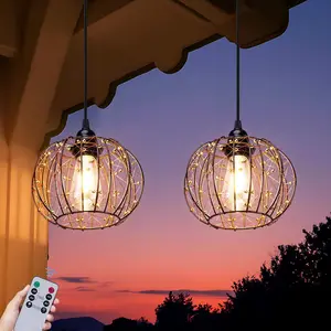 Battery Operated Hanging Outdoor Chandelier, Waterproof Gazebo Pendant Light No Wiring Powered by 4 AA Batteries for Gazebo Porch Pergola Decor Lighting (2)