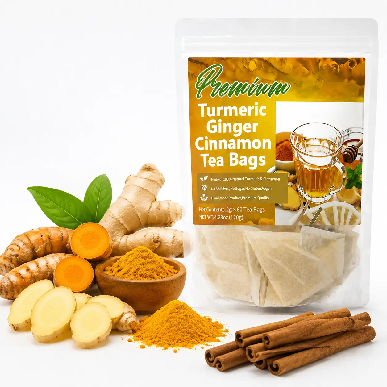 Natural Turmeric Anti-Inflammatory Herbal Tea Bags - 100% Eco-Friendly, Sugar-Free, Gluten-Free, Vegan Drink Blended with Turmeric, Ginger, Cinnamon for Digestive Health by DealsForYouDays