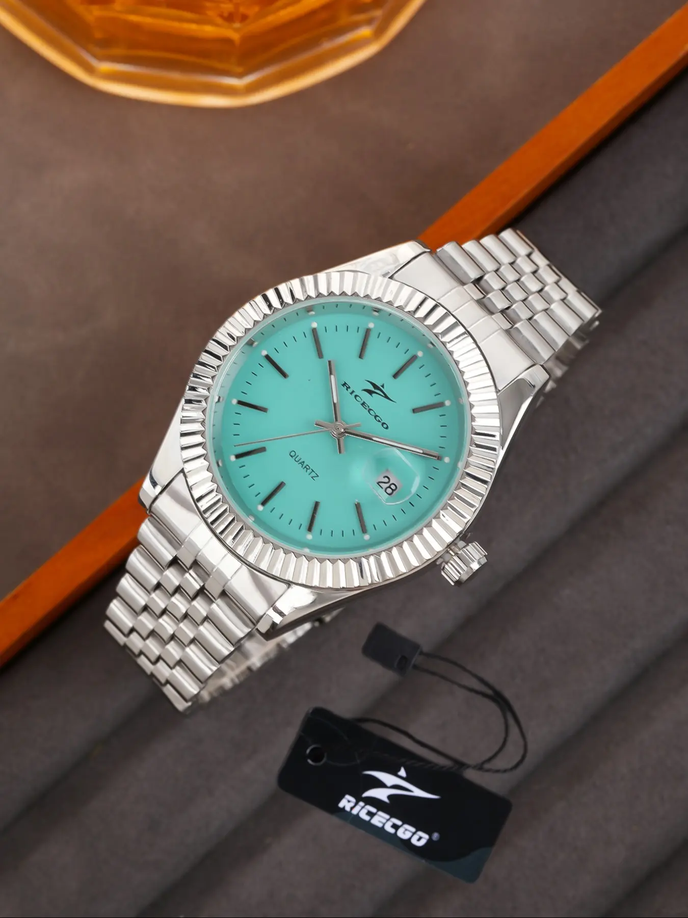 RICECGO men's quartz analog watch, 42mm, with stainless steel strap, date display, daily clothing accessory, Modern Casual Wristwatch, fashionable and exquisite box gift