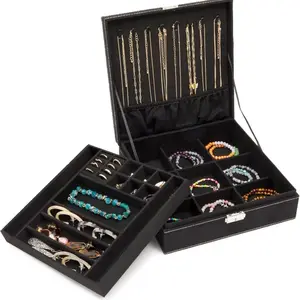 Velvet Jewelry Box Organizer - Lockable 2 Layer Travel Case, Earrings Storage with Removable Tray for Women, Men (Black)