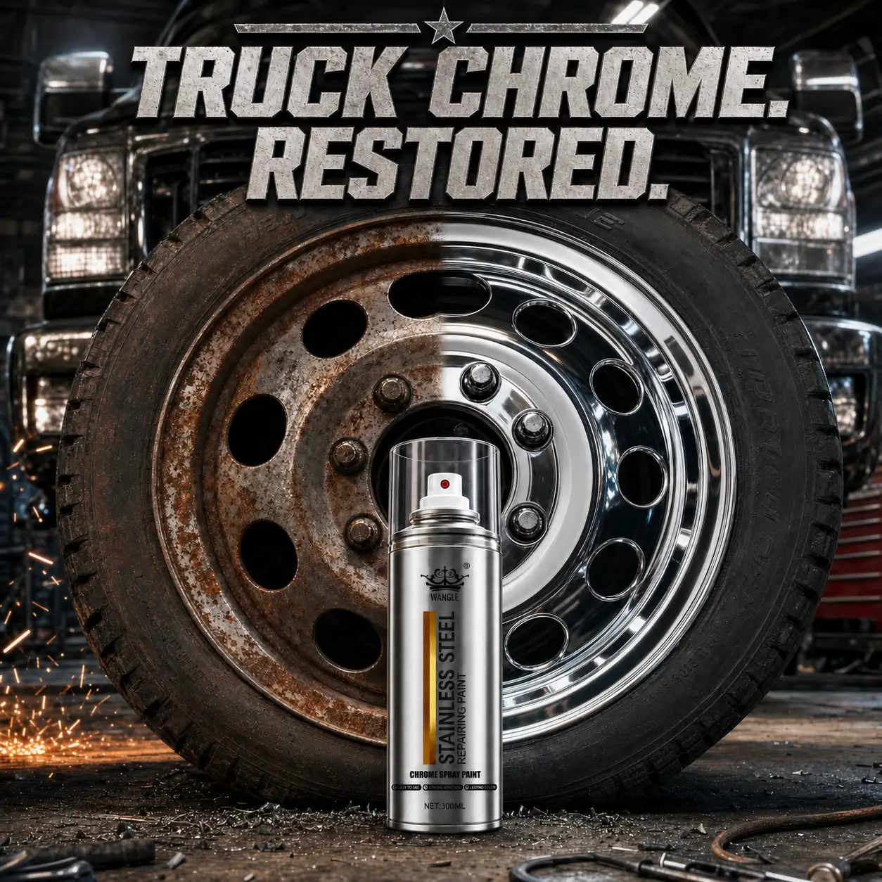 Car Chrome & Stainless Steel Restorer Spray - Automotive Rust Remover, Polishing Agent, Oxidation Remover, Protective Barrier Forming, 1-Step DIY Auto Detailing for Bumpers, Grilles (Removes Rust, Restores Shine)