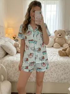 Women's Bubble Bath Leopards Print Pajama Set, Soft Fitted Short Sleeve & Shorts, All-Season Casual Loungewear, Button-Front Design