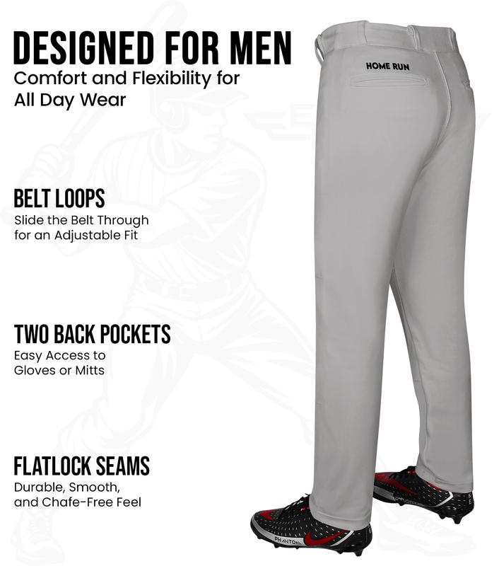 Exxact Sports Home Run Men's Baseball Pants without Piping - Full-Length, Semi-Relaxed Fit, Open-Bottom Adult Baseball Pants - (Grey)