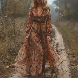 Vintage Floral Print Deep V Fashion High Waist Party Maxi Dress Autumn Women's Ethnic Lady Chic Bohemian Dresses New Summer Casual Womenswear Comfort Fitted Boho Long Sleeve Formal 01Dark Brown No Belt