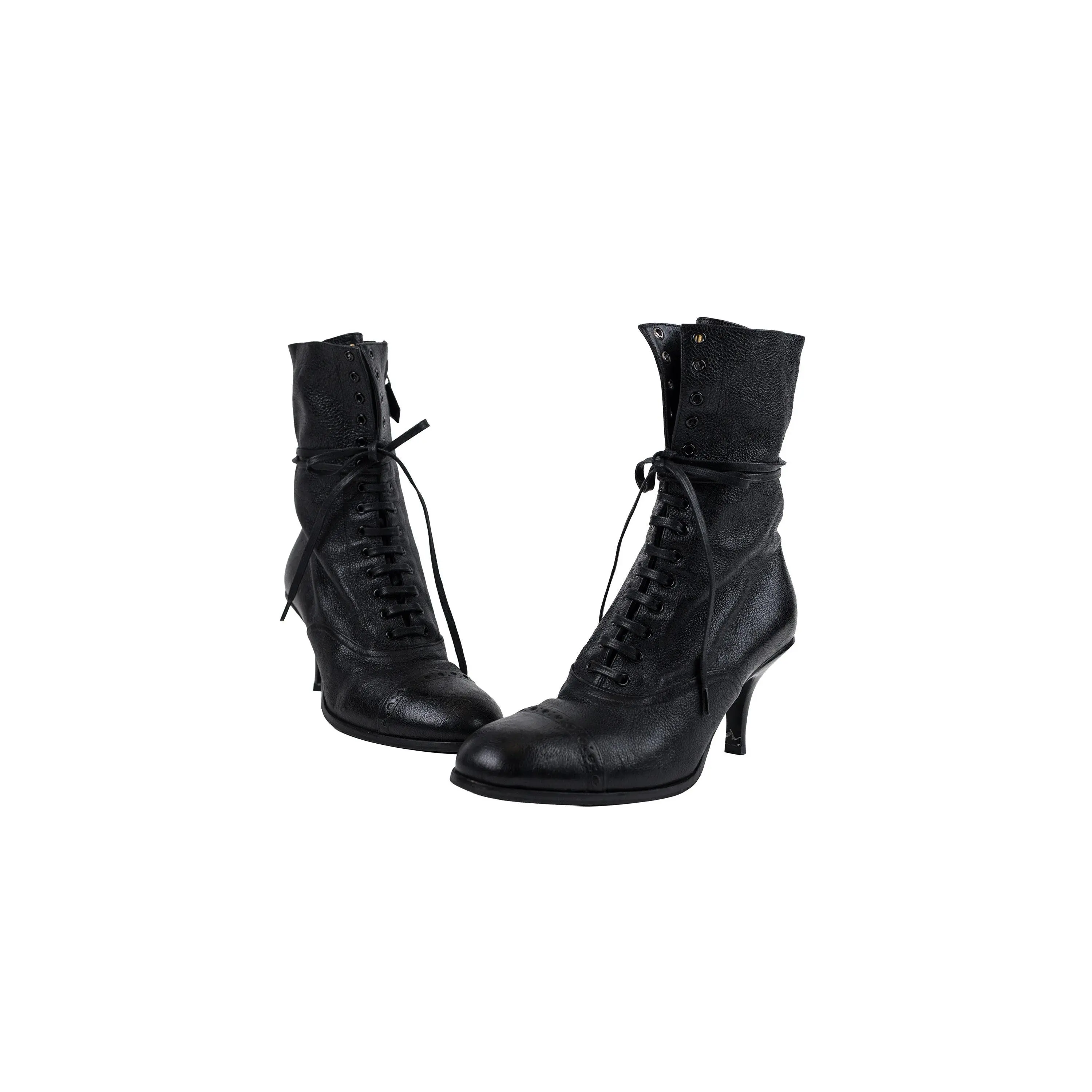 Miu Miu Black Leather Lace Up Kitten Booties Size 38.5