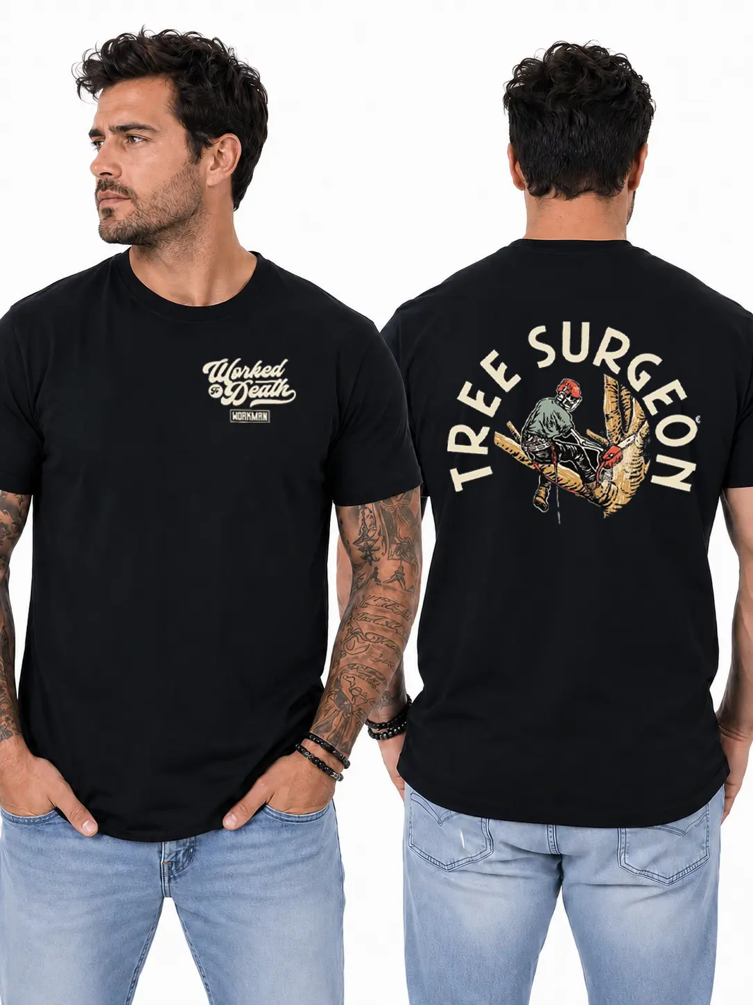 Tree Surgeon T-Shirt, Arborist Climbing & Tree Cutting Graphic Design, Blue Collar Work Shirt for Tree Climbers & Forestry Workers, Gift for Arborists or Landscaping Crews