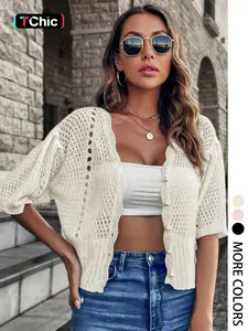 Women's Summer Thin Beach Vacation Casual Loose Fit Half Sleeve Pearl Button V Neck Hollow Out Knitwear Cardigan Knitting (pattern Random) Womenswear Tops