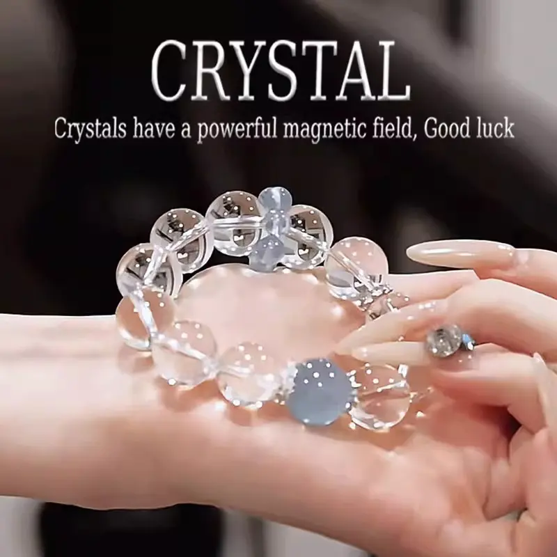 Clean Ethereal Transparent Crystal Bracelet, Glossy Clear Beads with Soft Blue Stone Detail, Trendy Daily Casual Wrist Accessory