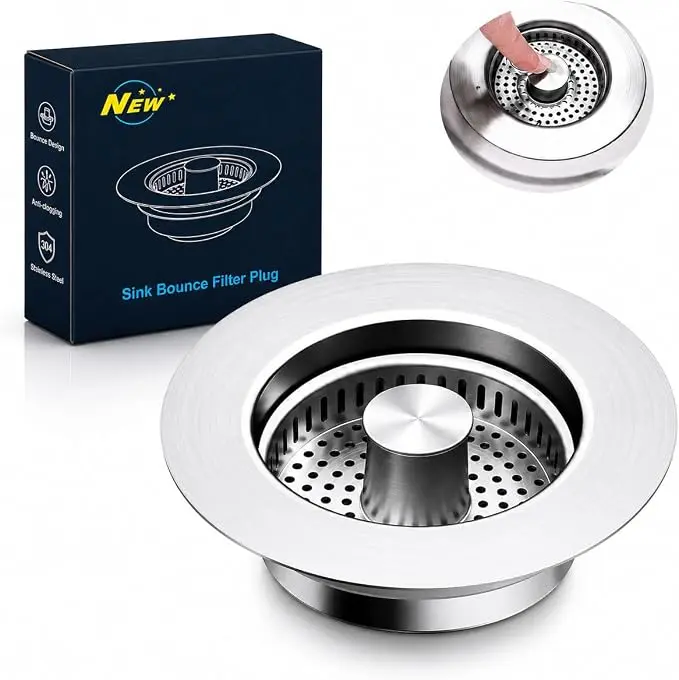 Kitchen Sink Bounce Core Filter Plug, Stainless Steel Anti-Clog Drain Strainer, Press Type Sink Drain Stopper Deodorant Water Filter for Kitchen Basin