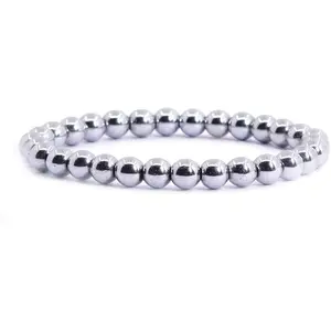 Metallic Silver Coated Hematite Gemstone 6mm Round Beads Stretch Bracelet 6.5" Unisex
