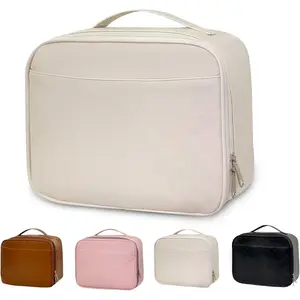 Insulated Lunch Bag for Women Men,  Lunch Box PU Leather Lunch Tote Bag Cooler Bag Meal Prep Containers with Exterior & Interior Mesh Pockets for Work Picnic Beach Travel (Beige White)