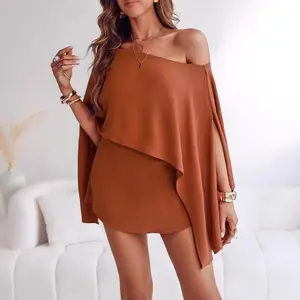 2piecesoff-shouldermulti-wayssplit-sleevecasualshortssetSuitableforsummerlClothesWomenswearpocketsleevelessSkirtSolidGamisApricot