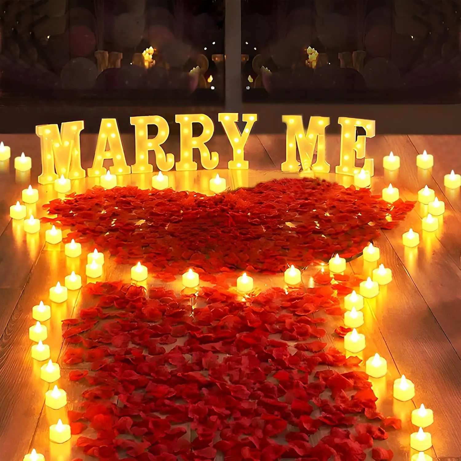 2031 count Marry Me Light Up Letters Proposal Decorations, Marry Me Sign with 24 count Heart Flameless Candles 2000 count Artificial Rose Petals for Wedding Proposal Romantic Night Decor
