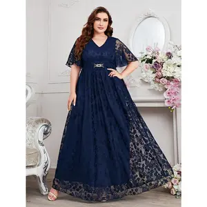 Plus Size Solid Floral Lace Swing Maxi Dress, Elegant Cinched Waist Flutter Sleeve V Neck Dress For Party & Banquet, Women's Plus Size Clothing