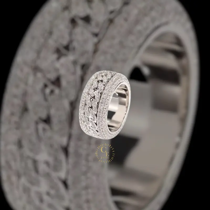 CEJEWELRY Cuban Chain Linked Style Iced Out Hip Hop Ring for Men Big Size 7-11 Bling Bling Rotating Fashion Accessory Diamond Halo Ring Thickness Rings