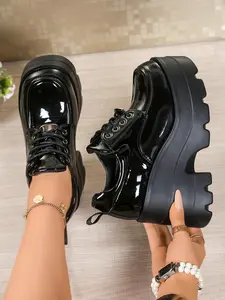 Women's 10CM High Wedge Platform Oxford Shoes | Gothic Y2K Dark Academia Style | Glossy Patent Leather Lace-Up Non-Slip Lug Sole Round Toe | For Cosplay, Comic Con, Daily Commute, Street Style
