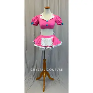 Pink Puff Sleeve Bra Top and Tutu Skirt Two-Piece Set - Rhinestones