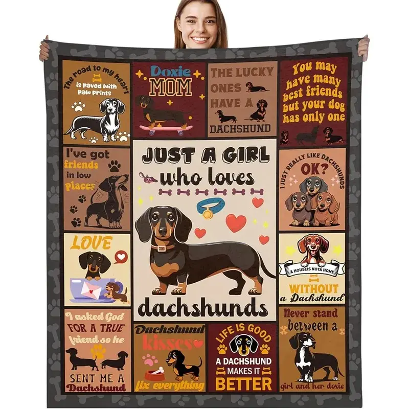 1Dachshund Pattern Blanket - Soft Flannel All-Season Comfort Throw with Brown, Black, Tan, and Dachshund Design - Gift for Pet Lovers, Suitable for Sofa, Living Room - Durable Dachshund Themed Home Decor for Dog Owners - Ideal Choice for Dachshund