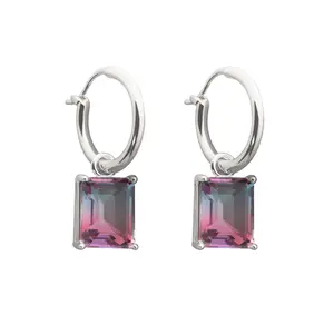 Party Geometry Rectangle CZ 925 Sterling Silver Hoop Earrings