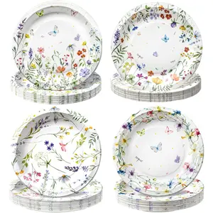 100 PCS Wildflower Party Plates, 9-Inch Floral Disposable Paper Plates for Baby Shower, Bridal Shower, Spring Birthday Party, Tea & Garden Party Decorations, 4 Floral Designs